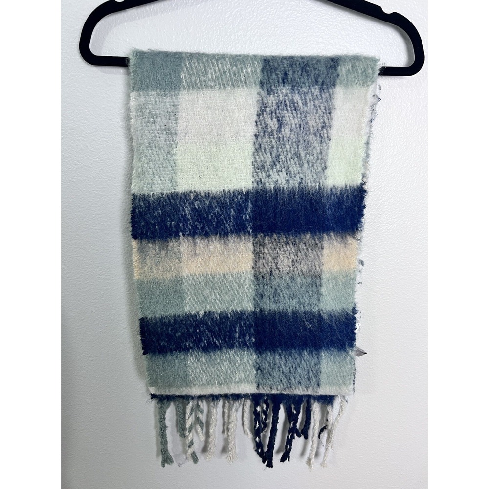 Loft Ivory Blue Green Plaid Blanket Scarf O/S